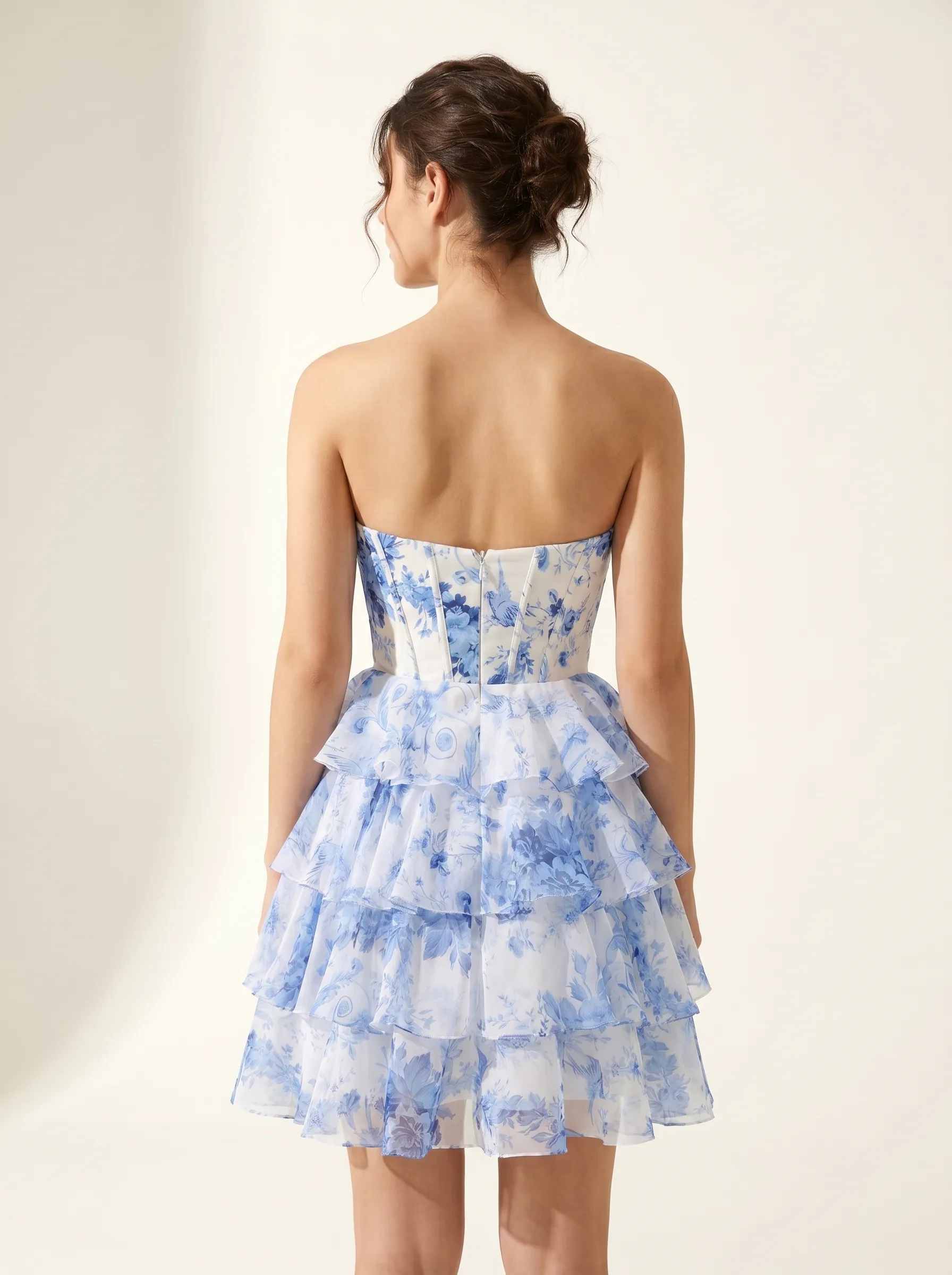 White & Blue Flower Tiered Short Homecoming Dress | Mini Ruffle Party Gown