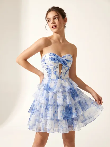 White & Blue Flower Tiered Short Homecoming Dress | Mini Ruffle Party Gown