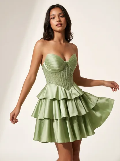 Green Beaded A-line Strapless Corset Homecoming Dress