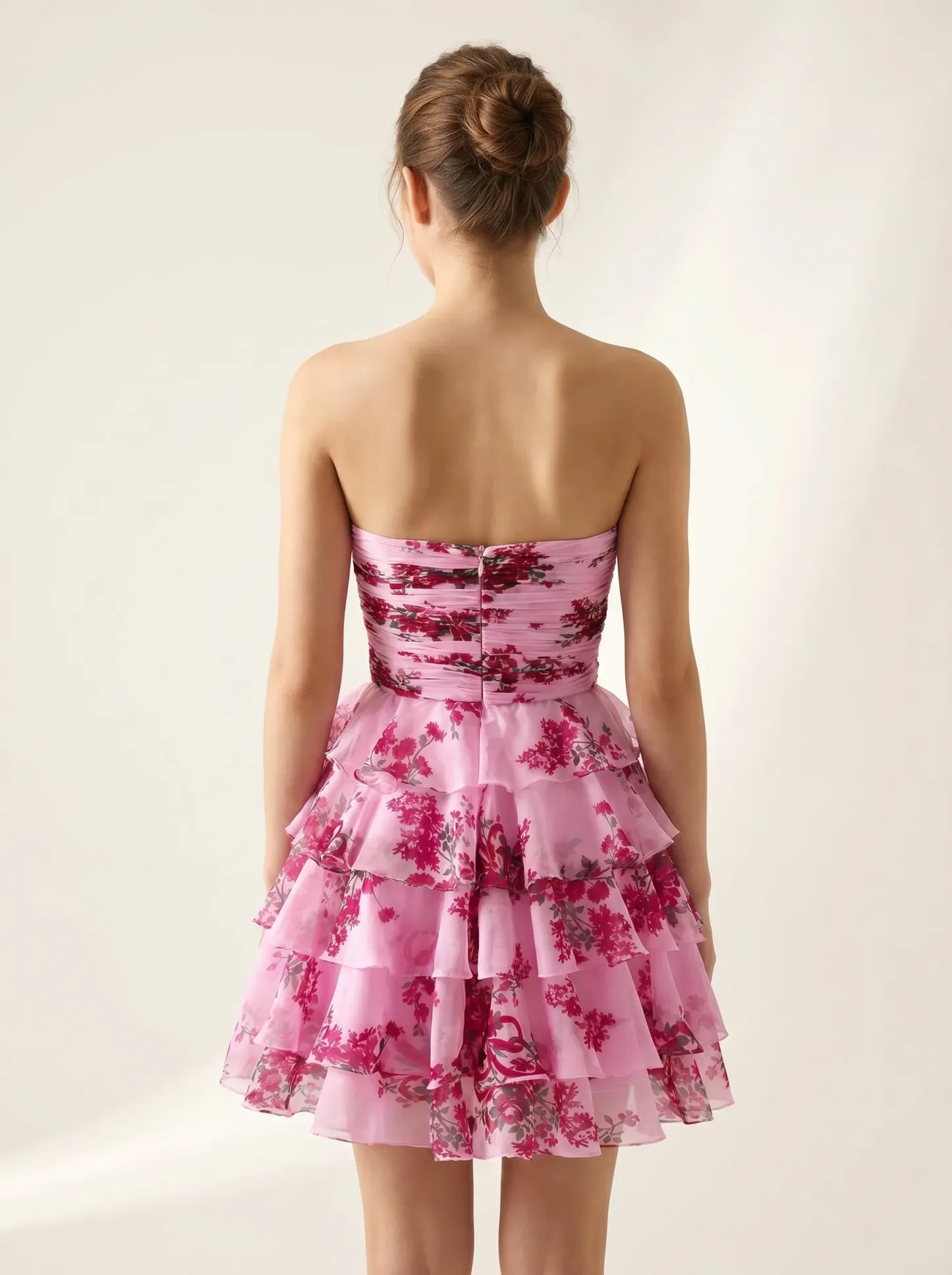 Pink Flower A-Line Short Homecoming Dress | Mini Floral Flare Party Gown