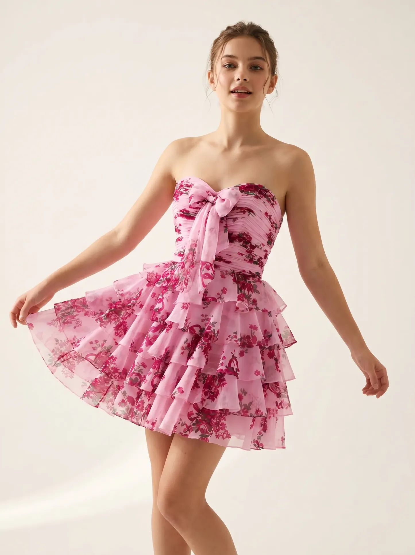Pink Flower A-Line Short Homecoming Dress | Mini Floral Flare Party Gown