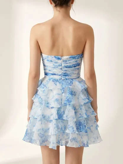 Pink Flower A-Line Short Homecoming Dress | Mini Floral Flare Party Gown