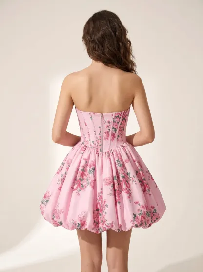 Strapless White & Blue Floral Short Dress | Homecoming Mini Flare Gown