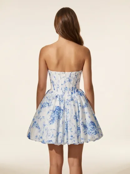 Strapless White & Blue Floral Short Dress | Homecoming Mini Flare Gown