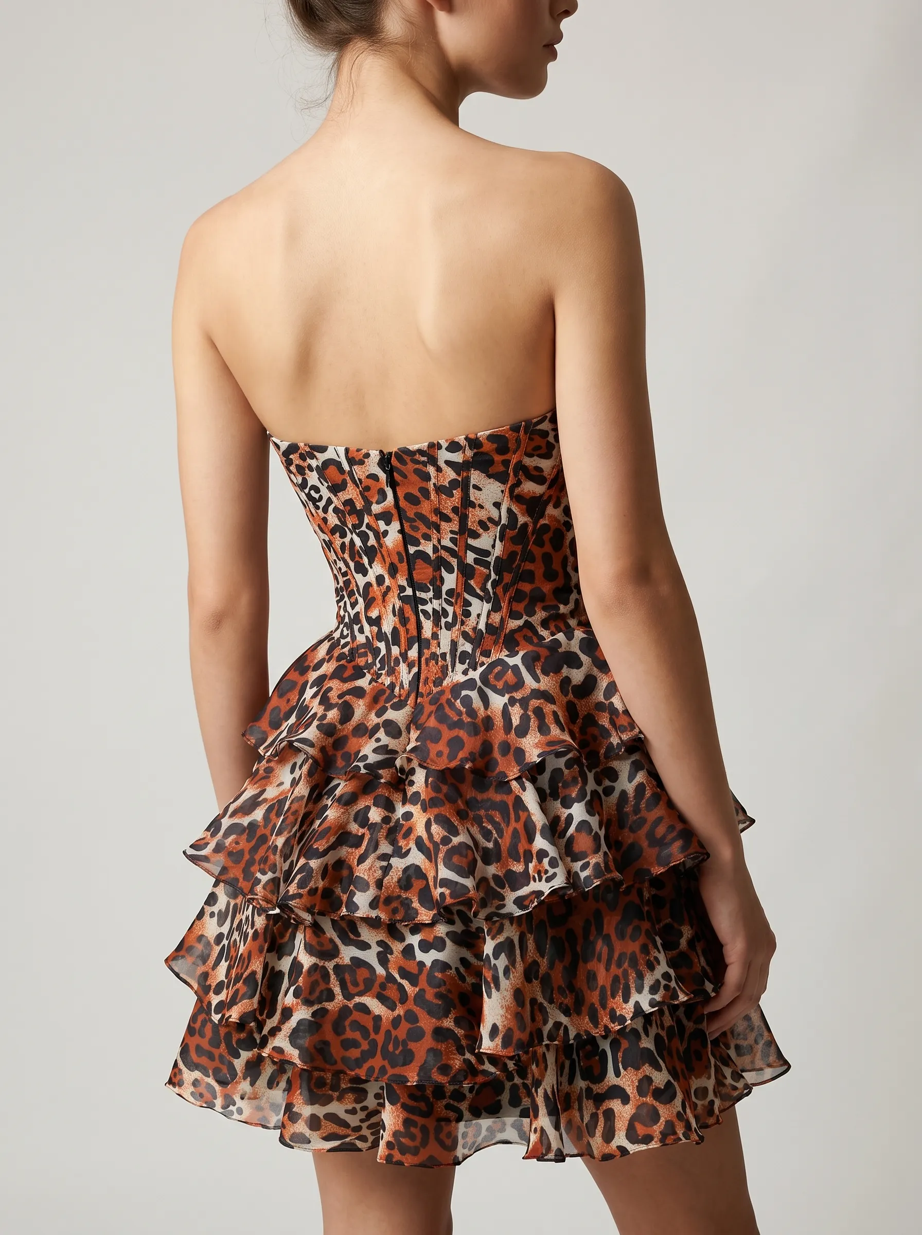 Khaki Leopard A-Line Short Homecoming Dress | Mini Animal Print Party Gown