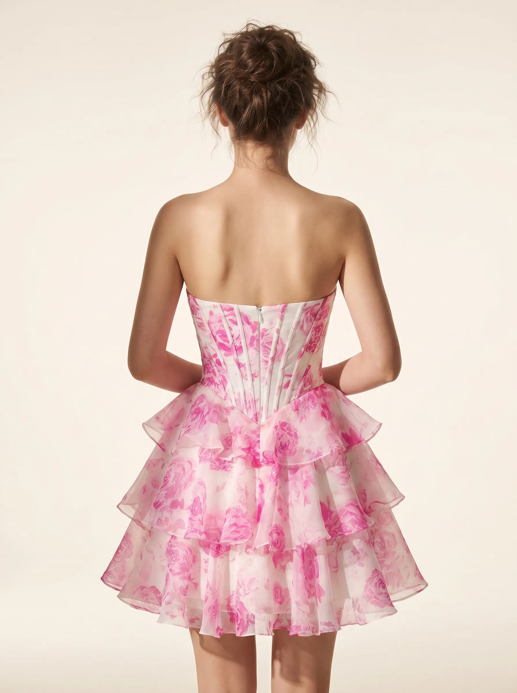 Pink Flower Strapless Short Homecoming Dress | Mini Floral Flare Party Gown