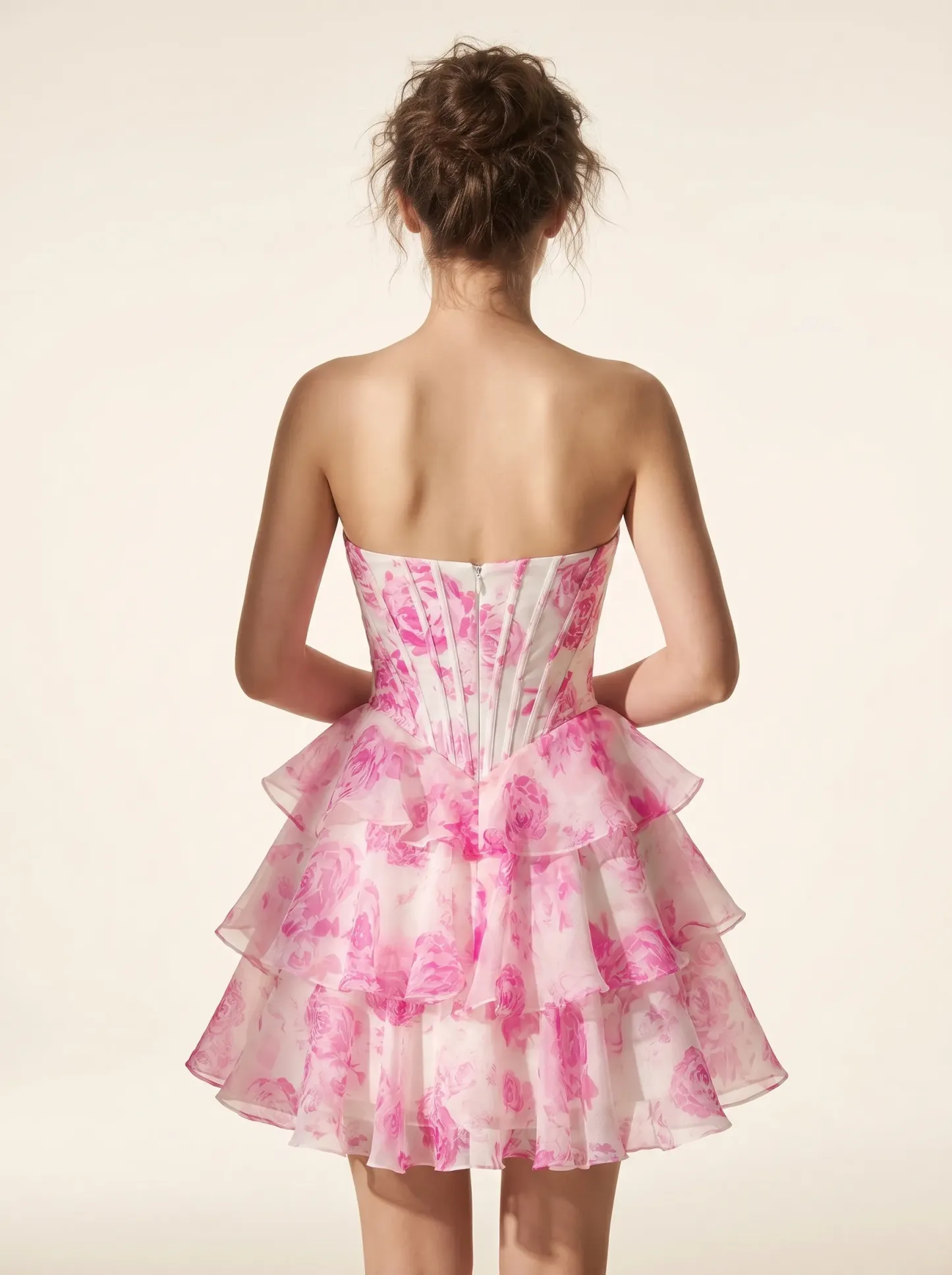Pink Flower Strapless Short Homecoming Dress | Mini Floral Flare Party Gown