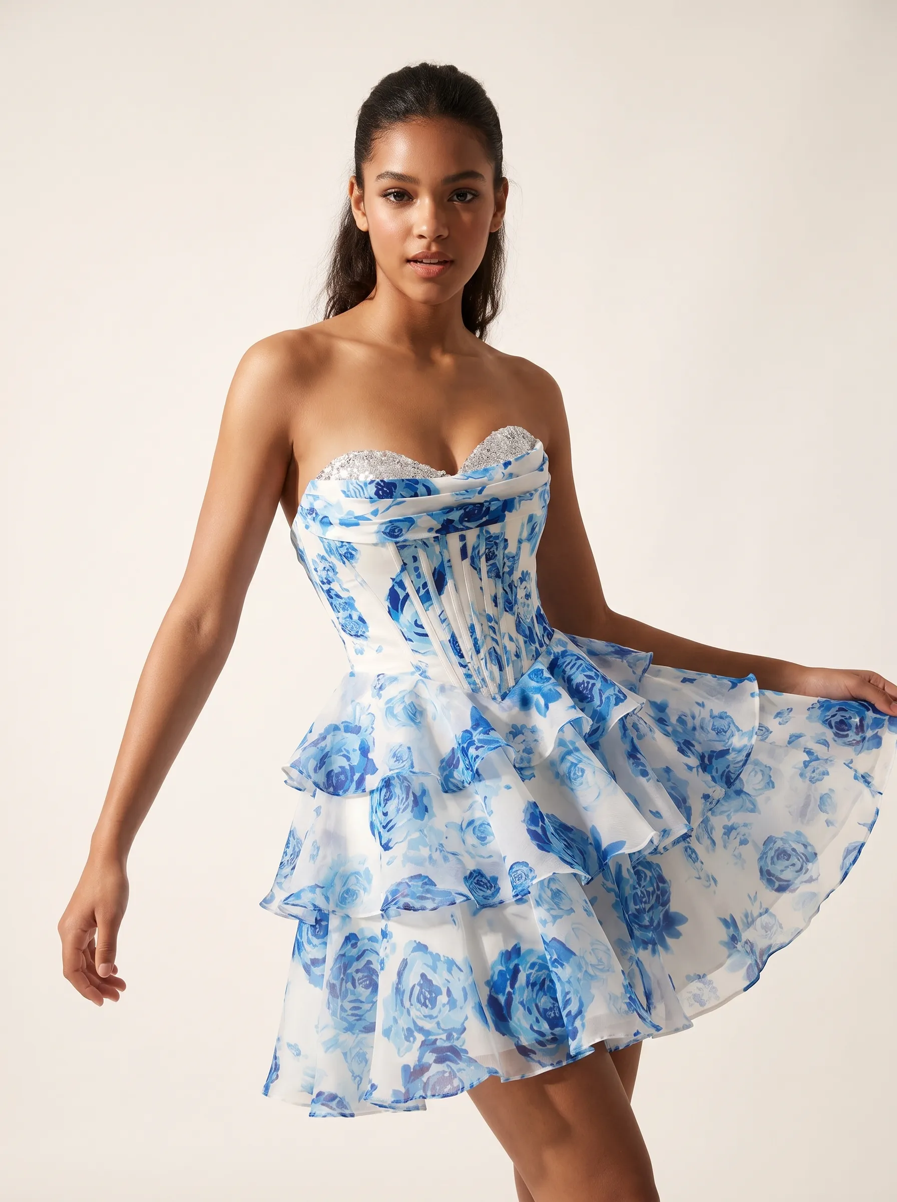 Pink Flower Strapless Short Homecoming Dress | Mini Floral Flare Party Gown
