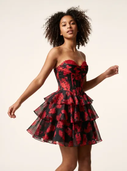Black & Red Floral A-Line Short Homecoming Dress | Mini Rose Party Gown
