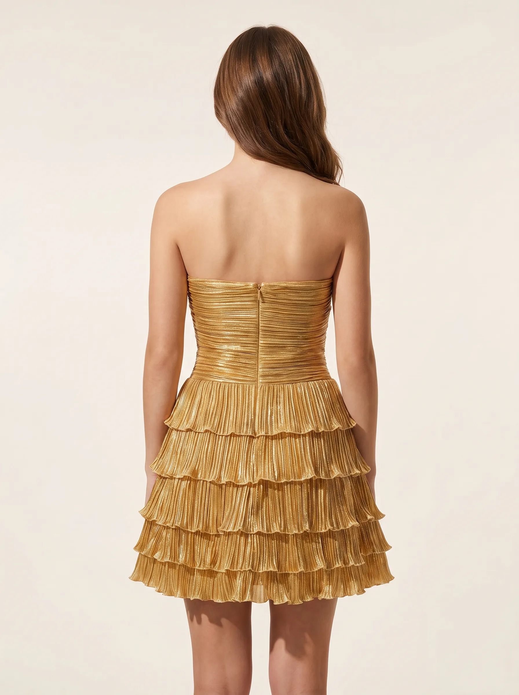 Metallic Golden Strapless Short Homecoming Dress | Mini Shiny Party Gown