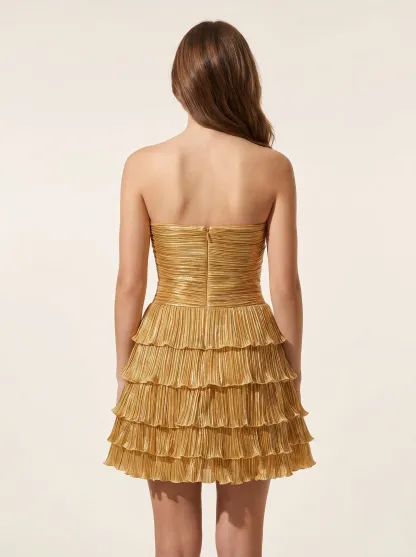 Metallic Golden Strapless Short Homecoming Dress | Mini Shiny Party Gown