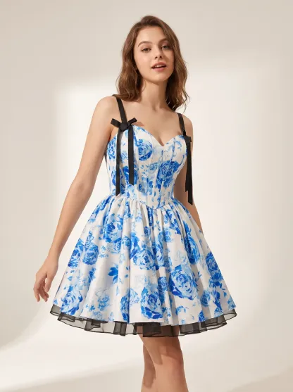 Fuchsia Floral A-Line Short Homecoming Dress | Hot Pink Flower Mini Gown