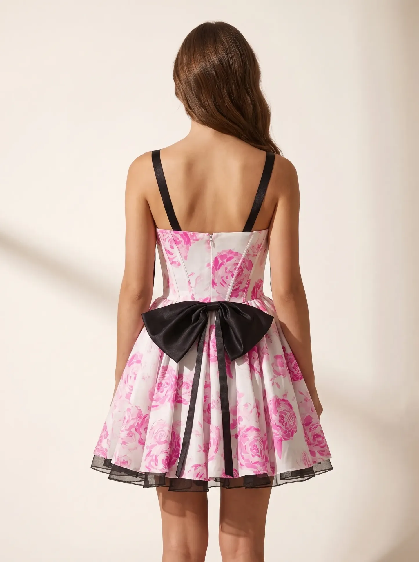 Fuchsia Floral A-Line Short Homecoming Dress | Hot Pink Flower Mini Gown