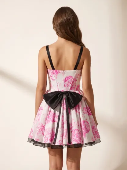 Fuchsia Floral A-Line Short Homecoming Dress | Hot Pink Flower Mini Gown
