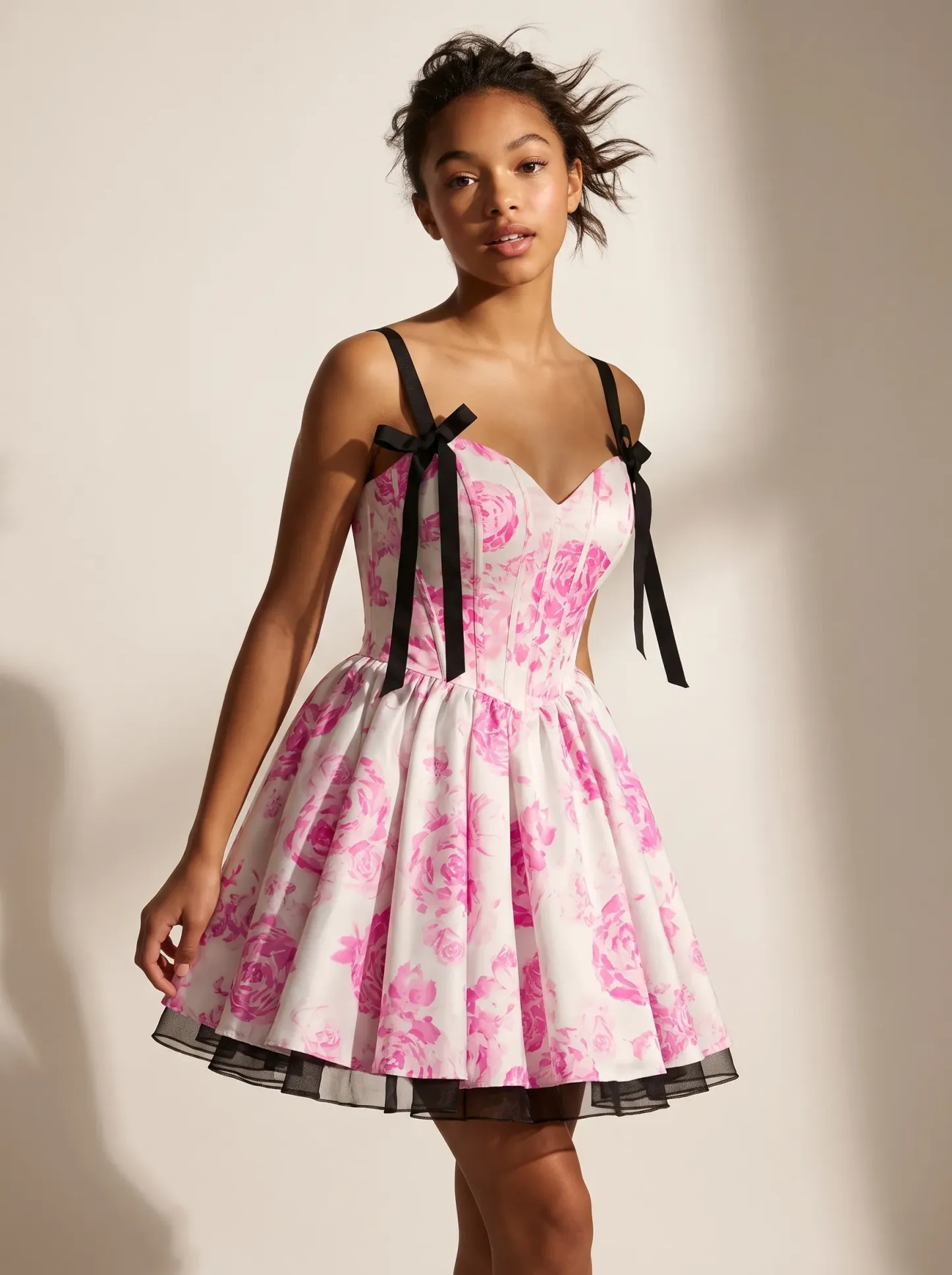Fuchsia Floral A-Line Short Homecoming Dress | Hot Pink Flower Mini Gown
