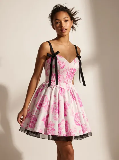 Fuchsia Floral A-Line Short Homecoming Dress | Hot Pink Flower Mini Gown
