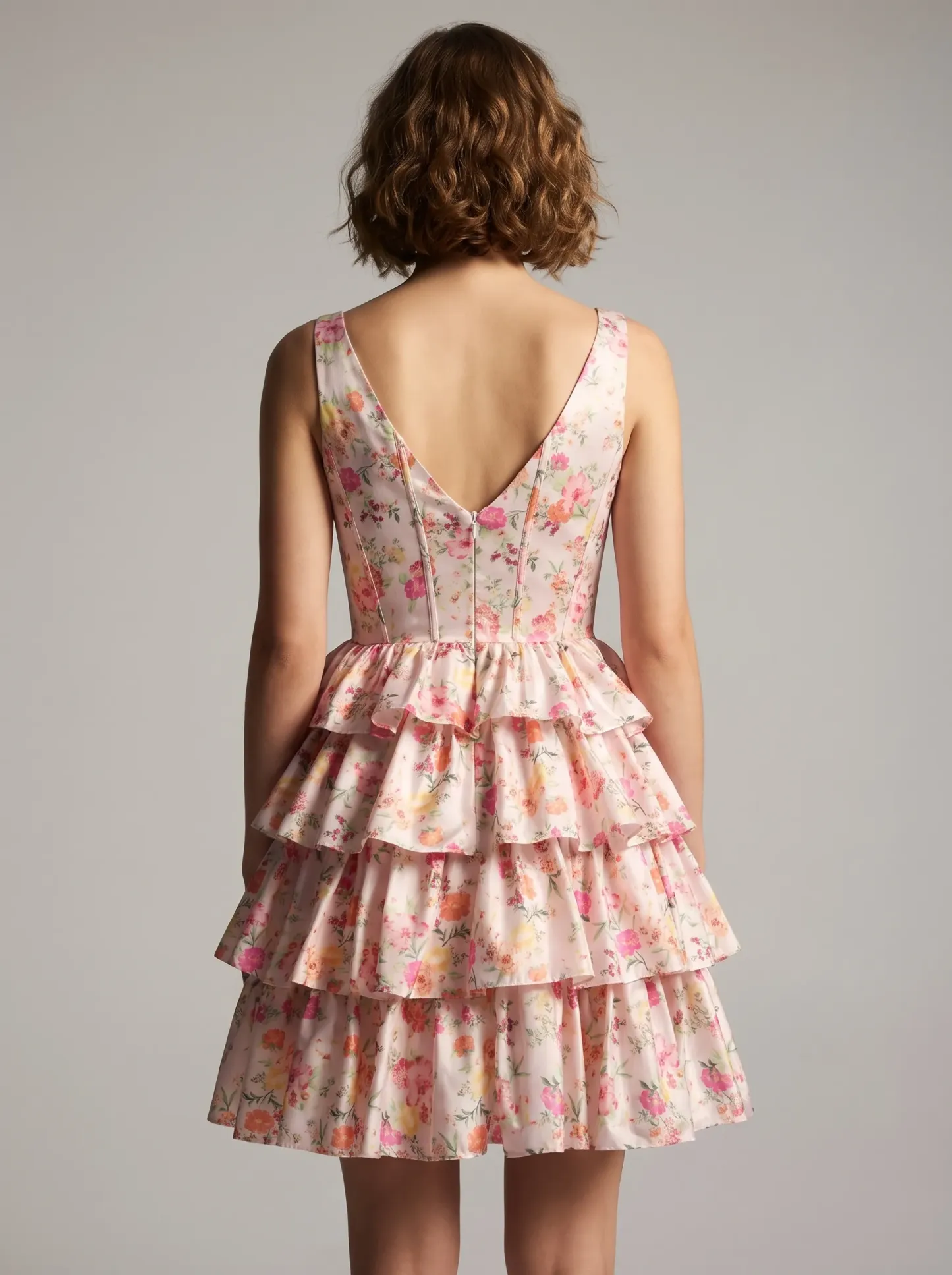 Pink Floral A-Line Corset Satin Short Dress | Mini Botanical Homecoming Gown