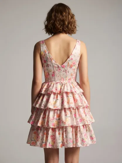 Pink Floral A-Line Corset Satin Short Dress | Mini Botanical Homecoming Gown