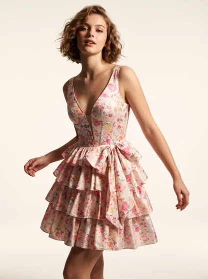 Pink Floral A-Line Corset Satin Short Dress | Mini Botanical Homecoming Gown