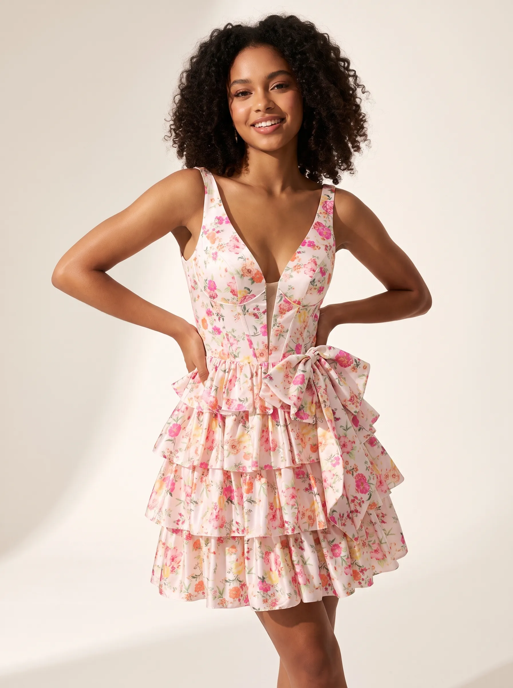Pink Floral A-Line Corset Satin Short Dress | Mini Botanical Homecoming Gown