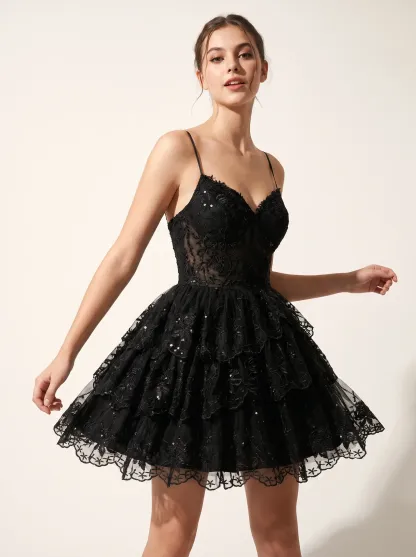 Gorgeous A-Line Spaghetti Straps Purple Dress | Homecoming Tiered Mini Gown