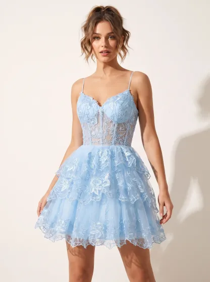 Gorgeous A-Line Spaghetti Straps Purple Dress | Homecoming Tiered Mini Gown