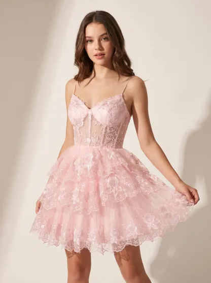 Gorgeous A-Line Spaghetti Straps Purple Dress | Homecoming Tiered Mini Gown