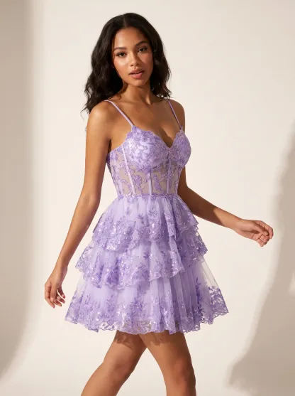Gorgeous A-Line Spaghetti Straps Purple Dress | Homecoming Tiered Mini Gown