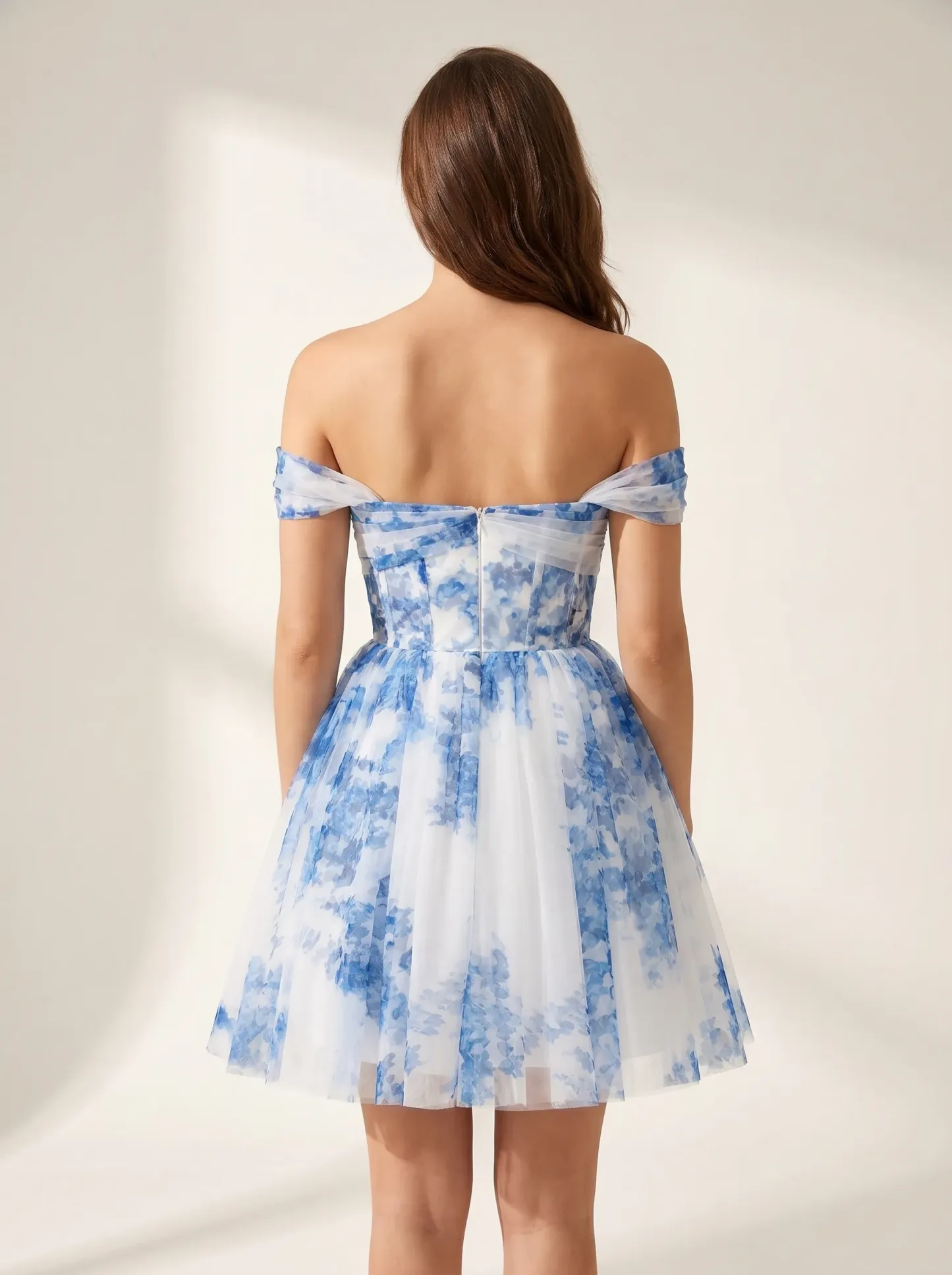 White & Blue Floral Cross Back Short Homecoming Dress | Mini Flare Party Gown