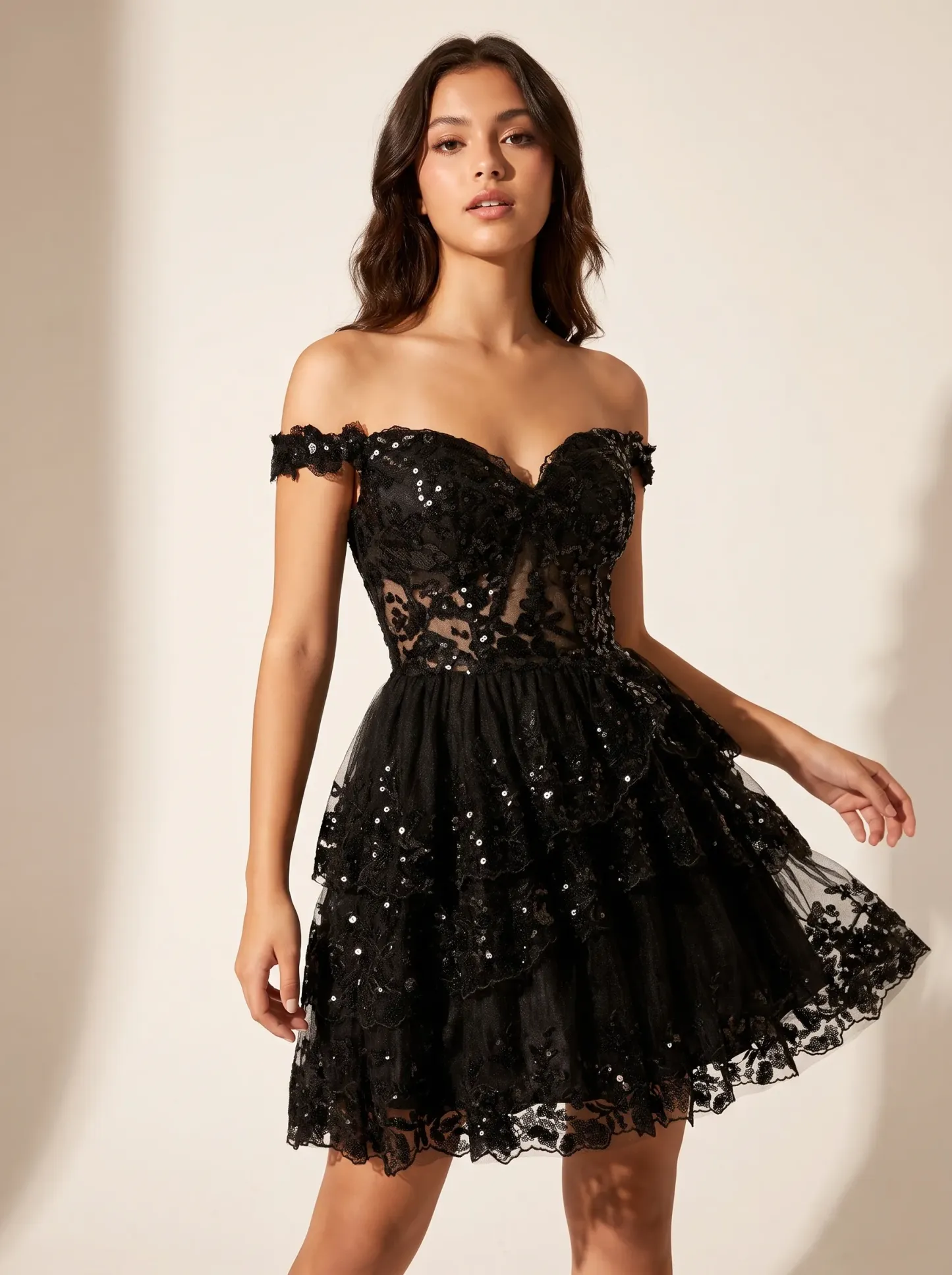 Sparkly Black A-Line Tulle Short Homecoming Dress | Mini Flare Sequin Gown