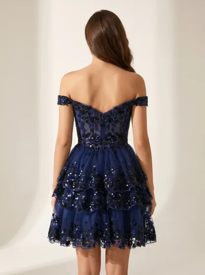 Sparkly Black A-Line Tulle Short Homecoming Dress | Mini Flare Sequin Gown