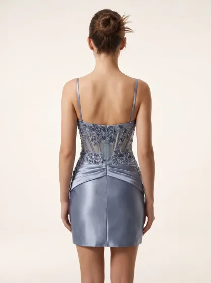 Grey Blue Beaded Bodycon Short Homecoming Dress | Tight Sequin Mini Party Gown