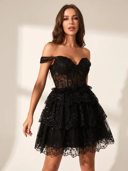 Cute A-Line Off-the-Shoulder Short Homecoming Dress | Mini Flare Party Gown