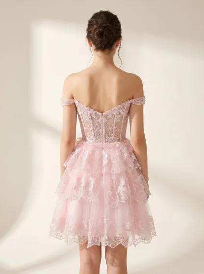 Cute A-Line Off-the-Shoulder Short Homecoming Dress | Mini Flare Party Gown