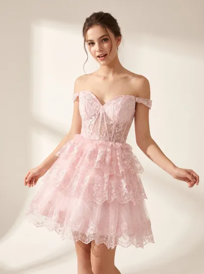 Cute A-Line Off-the-Shoulder Short Homecoming Dress | Mini Flare Party Gown