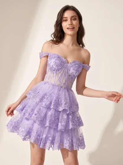 Cute A-Line Off-the-Shoulder Short Homecoming Dress | Mini Flare Party Gown
