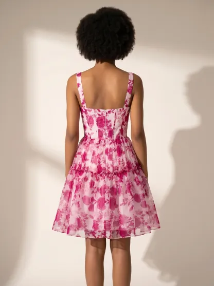 Fuchsia Floral Corset Short Homecoming Dress | Hot Pink Mini Party Gown