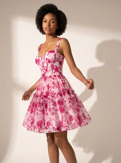 Fuchsia Floral Corset Short Homecoming Dress | Hot Pink Mini Party Gown