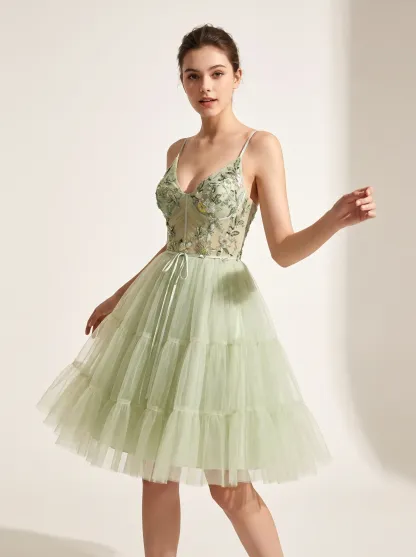 Green Applique Corset Short Homecoming Dress | Mini Lace Party Gown