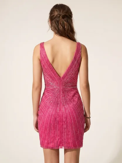 Fuchsia V-Neck Bodycon Short Homecoming Dress | Hot Pink Tight Mini Gown