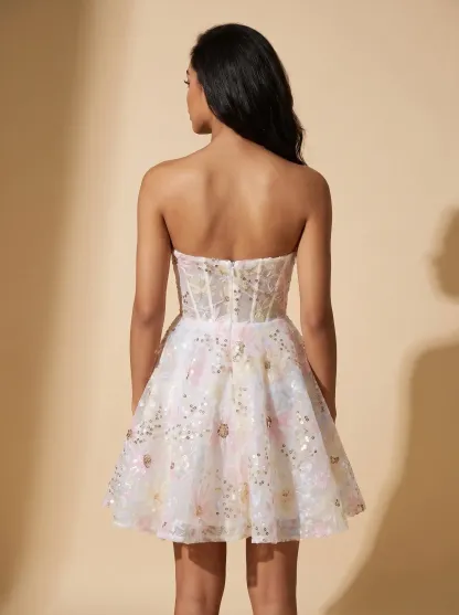 [Copy]Charming Strapless Corset White Dress | Homecoming Tiered Bubble Mini Gown