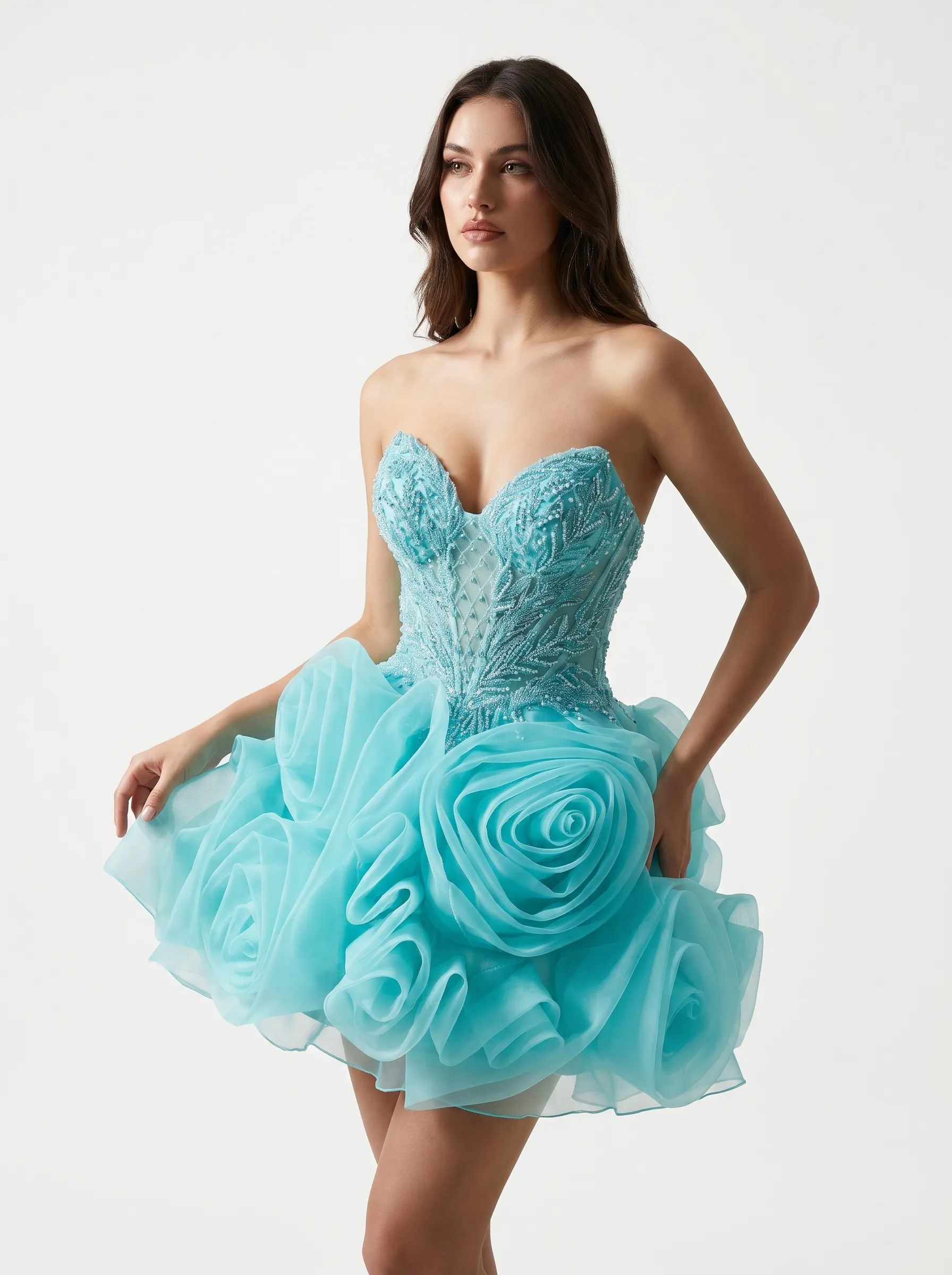 [Copy]Glamorous Strapless Corset Black Dress | Homecoming 3D Rose Flower Mini Gown
