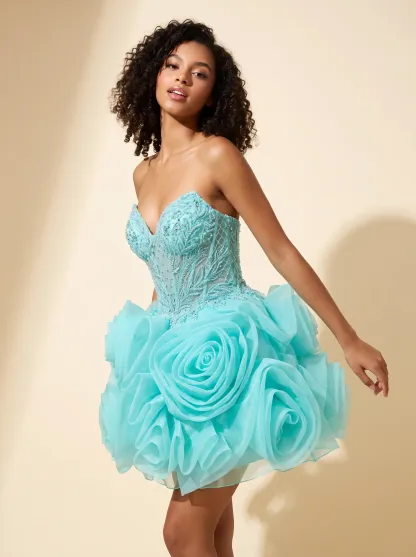 [Copy]Glamorous Strapless Corset Black Dress | Homecoming 3D Rose Flower Mini Gown