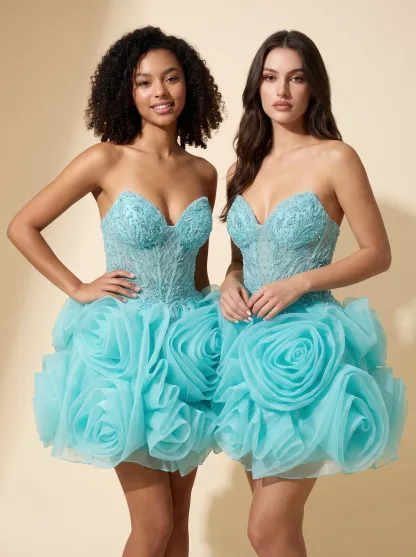 [Copy]Glamorous Strapless Corset Black Dress | Homecoming 3D Rose Flower Mini Gown