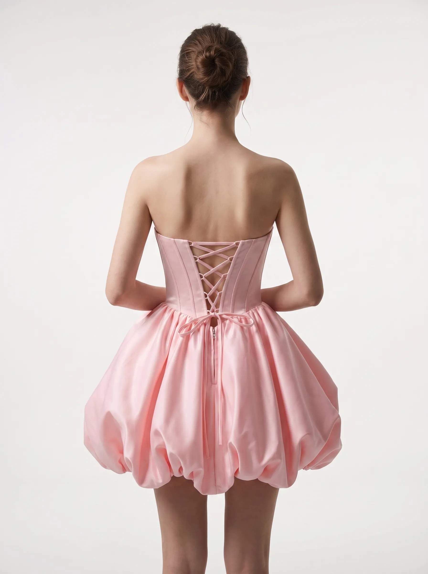 [Copy]Elegant Strapless Floral Jacquard Pink Dress | Homecoming Big Bow Mini Gown