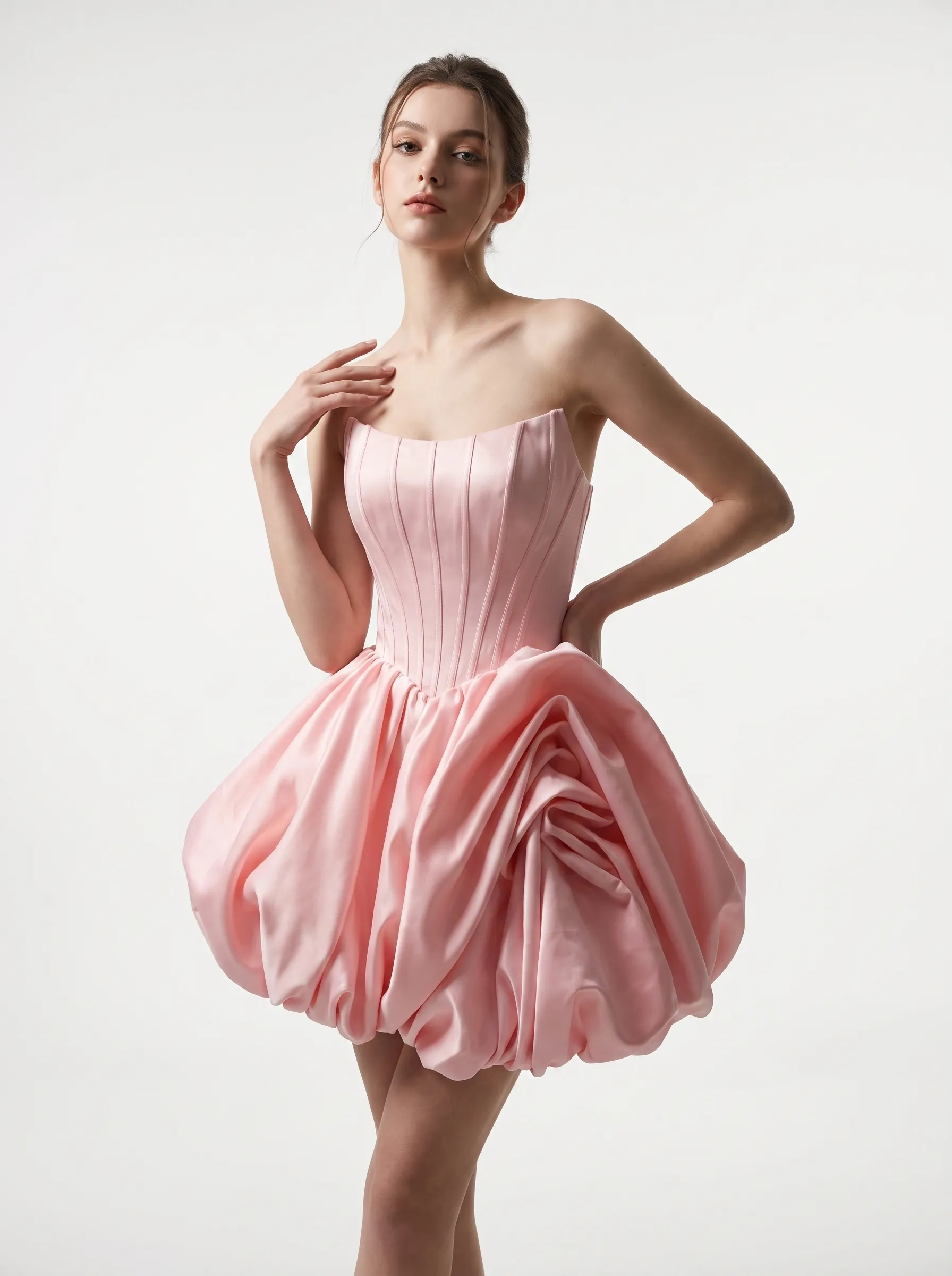 [Copy]Elegant Strapless Floral Jacquard Pink Dress | Homecoming Big Bow Mini Gown