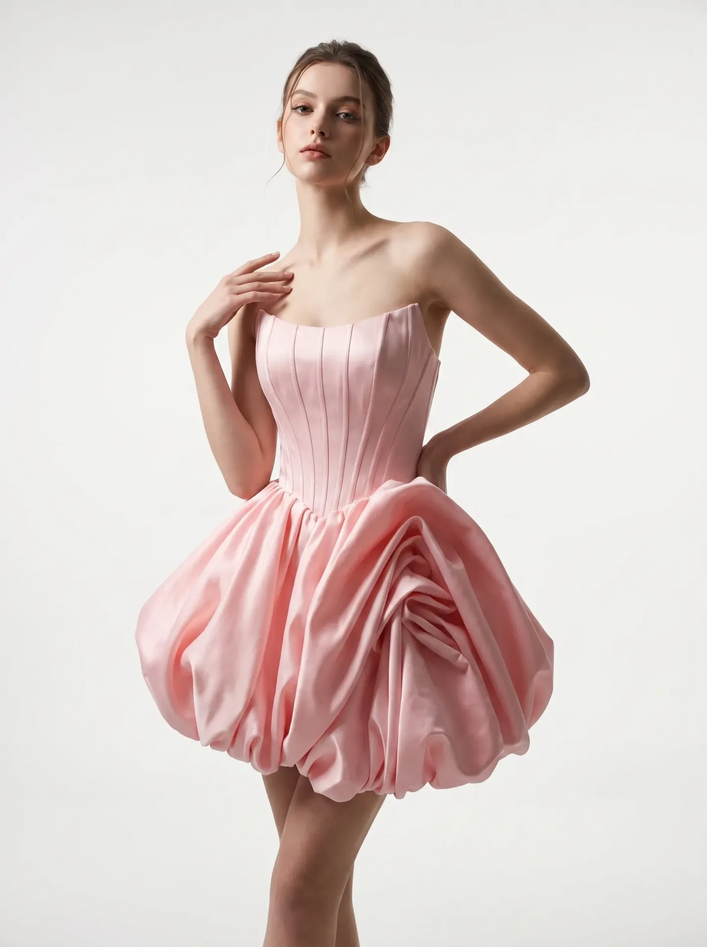 [Copy]Elegant Strapless Floral Jacquard Pink Dress | Homecoming Big Bow Mini Gown
