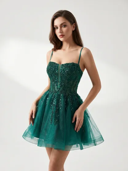 [Copy]Romantic Off-the-Shoulder Pink Dress | Homecoming Sparkly Lace Tulle Mini Gown