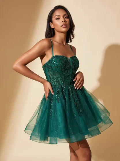 [Copy]Romantic Off-the-Shoulder Pink Dress | Homecoming Sparkly Lace Tulle Mini Gown