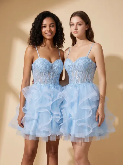 [Copy]Gorgeous Thick Straps Watercolor Dress | Homecoming Tiered Floral Tulle Corset Mini Gown